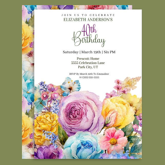 Invitation Jolie Fleur de Printemps à l'Aquarelle pour un 40e (Créateur téléchargé)