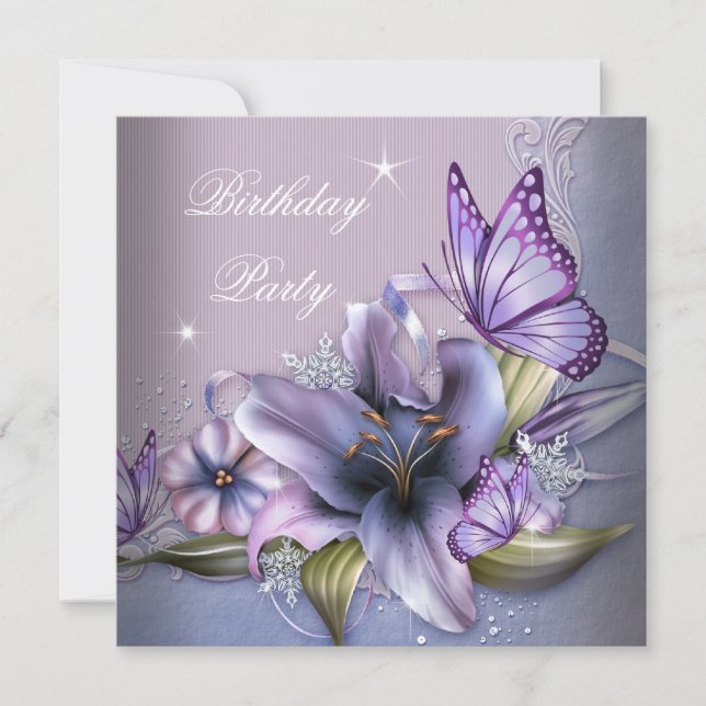 Invitation Jolie Fleur Papillon Rose Violet Anniversaire (Devant)