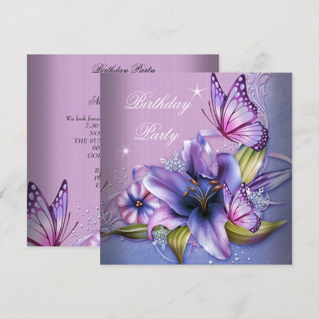 Invitation Jolie Fleur Papillon Rose Violet Anniversaire (Devant / Derrière)