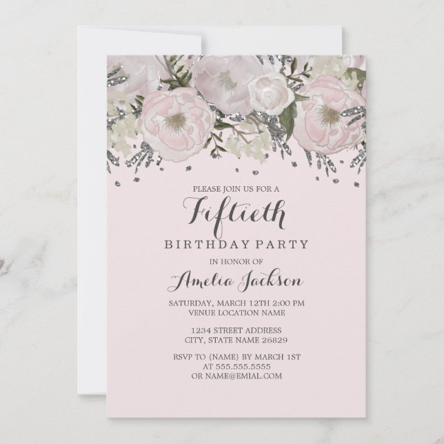 Invitation Jolie Fleur Rose Argent 50e Anniversaire (Devant)