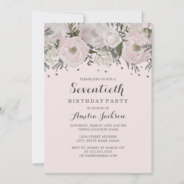 Invitation Jolie Fleur Rose Argent 70e Anniversaire (Devant)