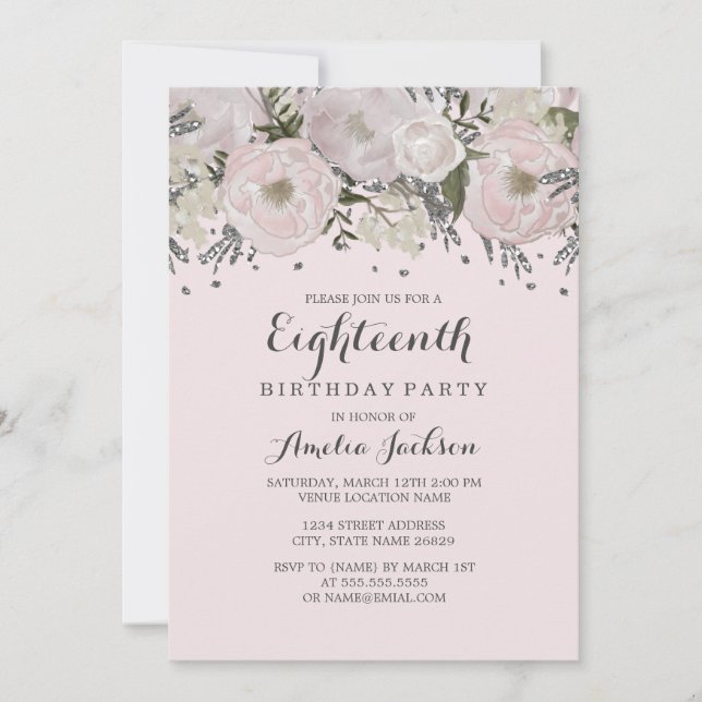 Invitation Jolie Fleur Rose Pâle Argent 18e Anniversaire (Devant)