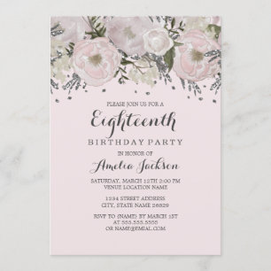 Invitation Jolie Fleur Rose Pâle Argent 18e Anniversaire