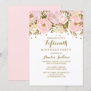Invitation Jolie Fleur Rose Pâle Or 15e Anniversaire