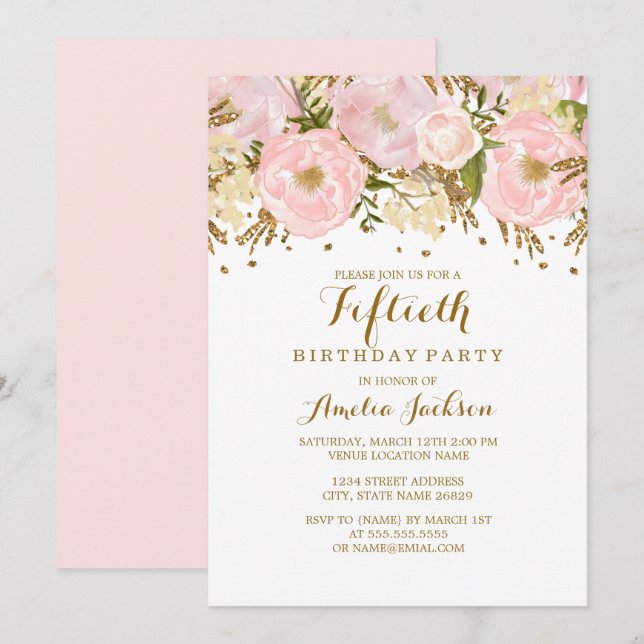 Invitation Jolie Fleur Rose Pâle Or 50e Anniversaire (Devant / Derrière)