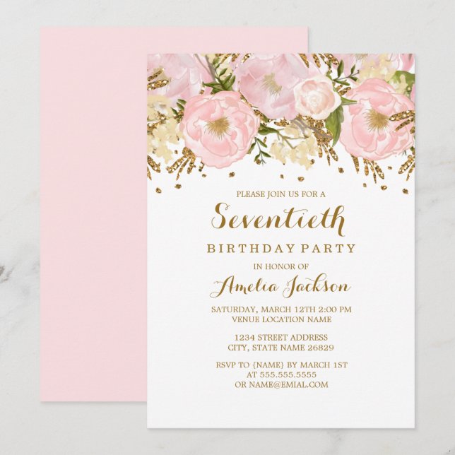Invitation Jolie Fleur Rose Pâle Or 70e Anniversaire (Devant / Derrière)