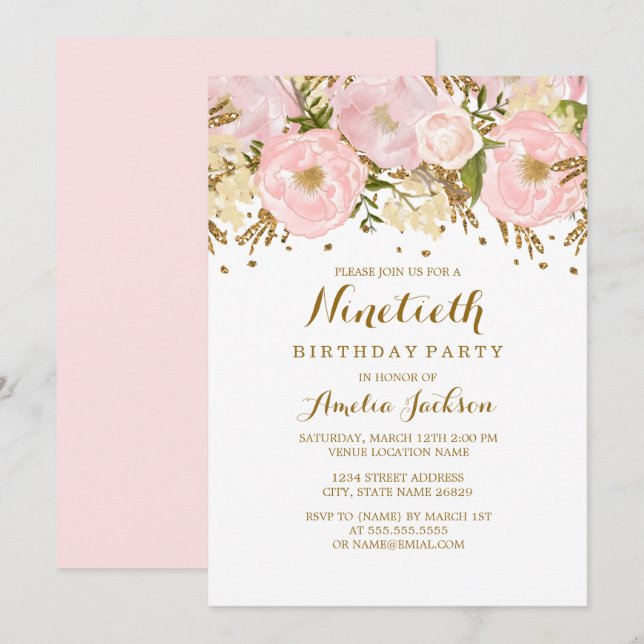 Invitation Jolie Fleur Rose Pâle Or 90e Anniversaire (Devant / Derrière)