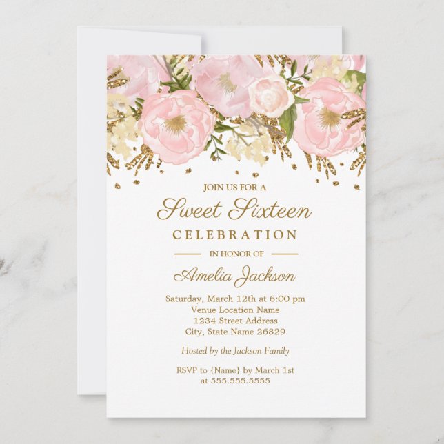Invitation Jolie Fleur Rose Pâle Or Douze Ans (Devant)