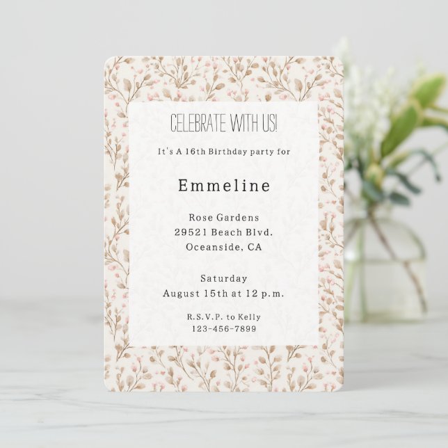 Invitation Jolie Fleur rose pastel Crème Anniversaire (Debout devant)