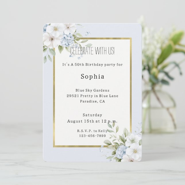 Invitation Jolie Fleurie Blanche Bleue Anniversaire (Debout devant)