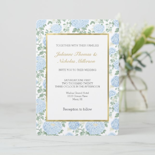 Invitation Jolie Fleurs Blanches Bleu Clair Mariage (Debout devant)