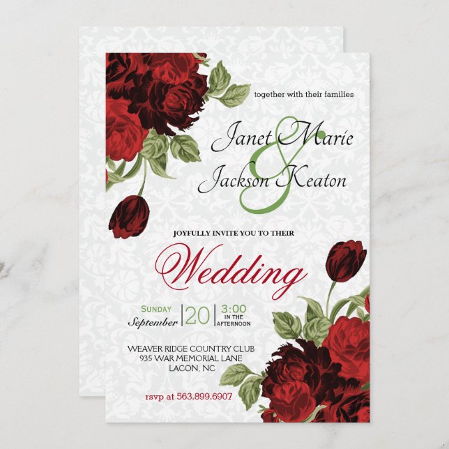 Invitation Jolie Fleurs de Mariage Rouge Foncé (Devant / Derrière)