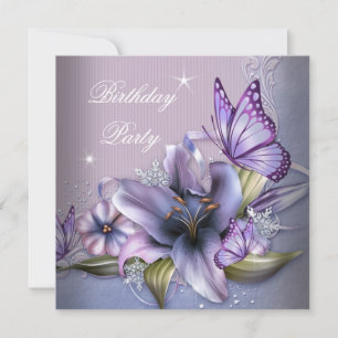 Invitation Jolie Fleurs Papillon Rose Violet Anniversaire
