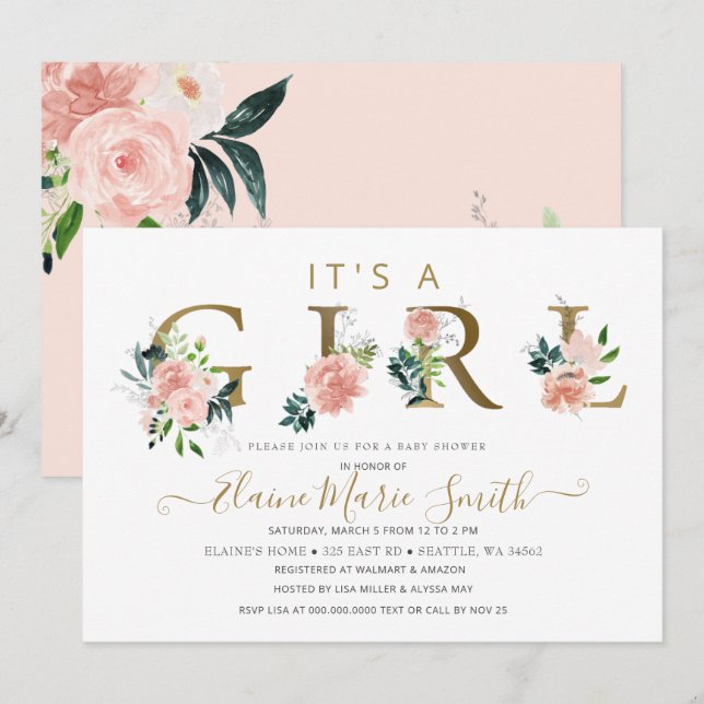 Invitation Jolie Fleurs Roses Floral Girl Baby shower (Devant / Derrière)