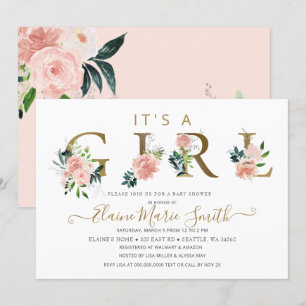 Invitation Jolie Fleurs Roses Floral Girl Baby shower