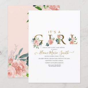 Invitation Jolie Fleurs Roses Floral Girl Baby shower Invita
