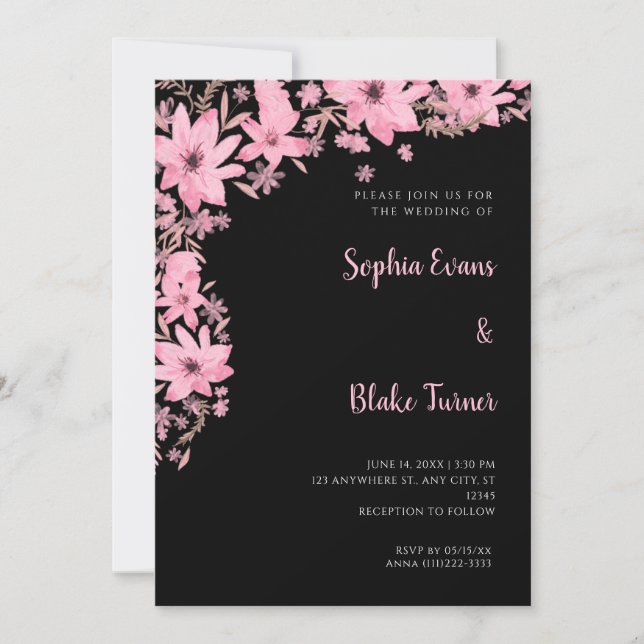 Invitation Jolie Fleurs Roses Romantique Mariage noir (Devant)