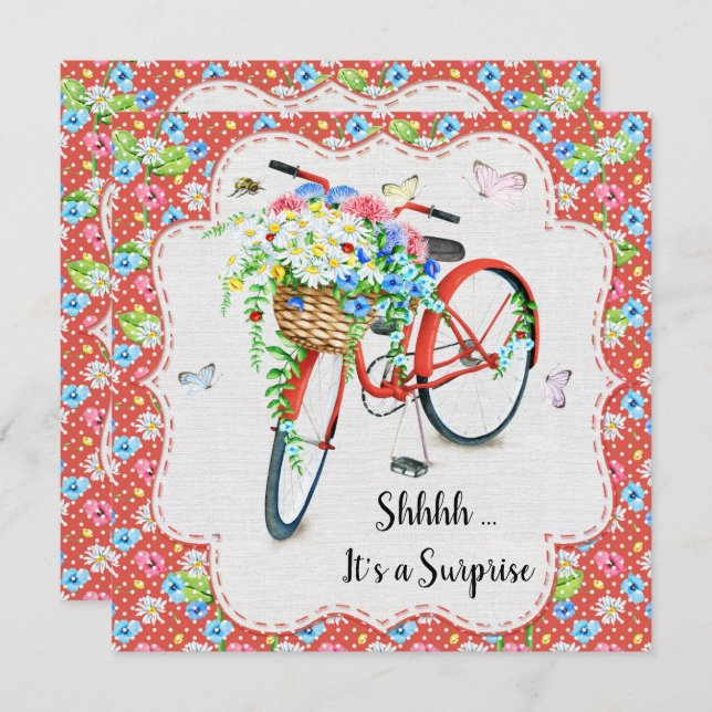 Invitation Jolie Fleurs & Vélo Rouge Surprise fête d'annivers (Devant / Derrière)