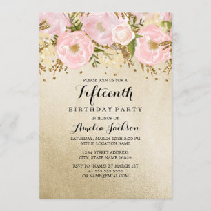 Invitation Jolie Florale Rose Gold Rose 15e Anniversaire