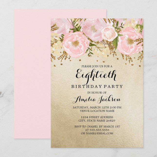 Invitation Jolie Florale Rose Gold Rose 80e Anniversaire (Devant / Derrière)