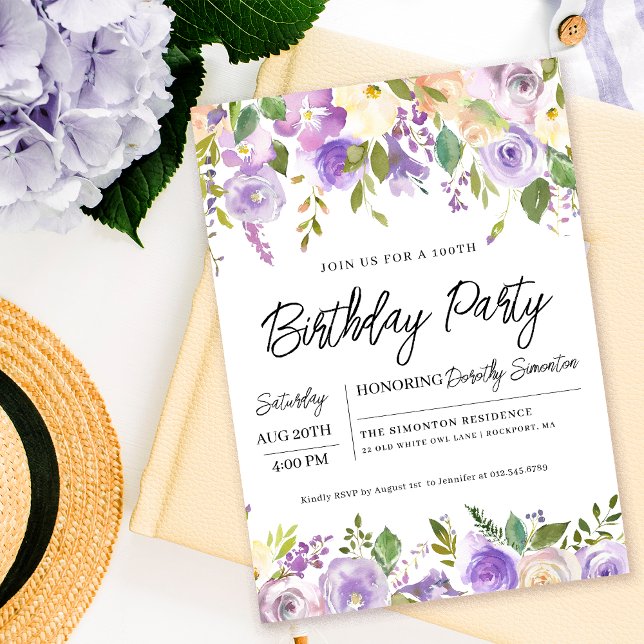 Invitation Jolie florale violette 100e fête d'anniversaire (Matching party supplies and welcome signs available. Message me for help finding them!)