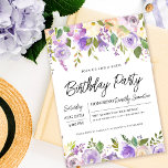 Invitation Jolie florale violette 60e fête d'anniversaire<br><div class="desc">Honorer une femme spéciale avec cette invitation élégante et féminine 60e anniversaire de fête. Les détails de la fête d'anniversaire sont entourés de bordures florales pourpres du haut et du bas. Les éléments floraux sont nichés dans des feuilles verts. Bien qu'il s'agisse d'un design traditionnel, le feuillage botanique ouvert et...</div>