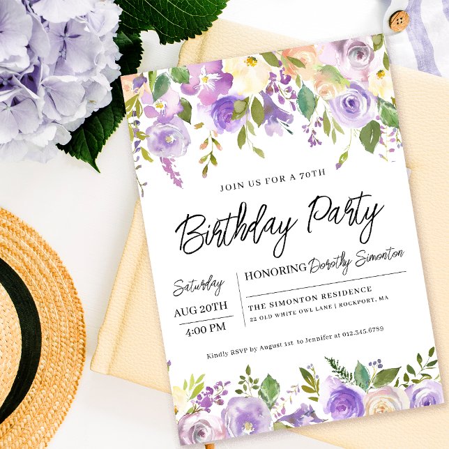 Invitation Jolie florale violette 70e fête d'anniversaire (Matching party supplies, decor and signs available. Message me for help finding them. )