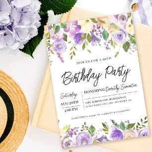 Invitation Jolie florale violette 90e fête d'anniversaire