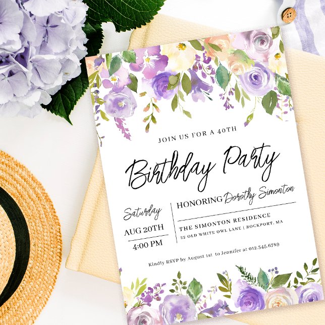 Invitation Jolie florale violette fête du 40e anniversaire (Matching party supplies, welcome signs and decor available. Message me for help finding them. )