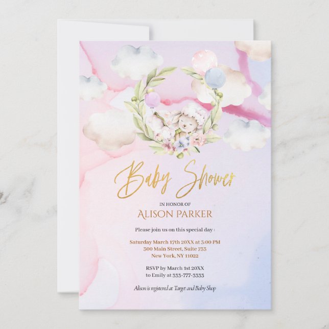 Invitation Jolie forêt de bois lapin Ciel rose | BABY SHOWER (Devant)