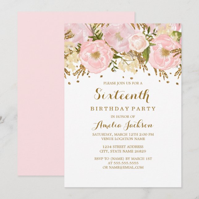 Invitation Jolie fuchsia floral or 16e anniversaire (Devant / Derrière)