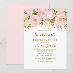 Invitation Jolie fuchsia floral or 16e anniversaire