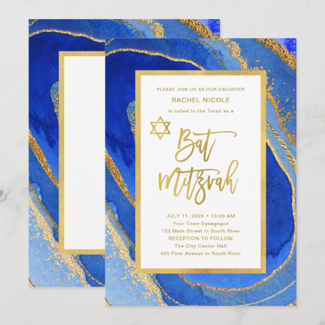 Invitation Jolie Géode Bleue et Or | Bat mitzvah (Devant / Derrière)
