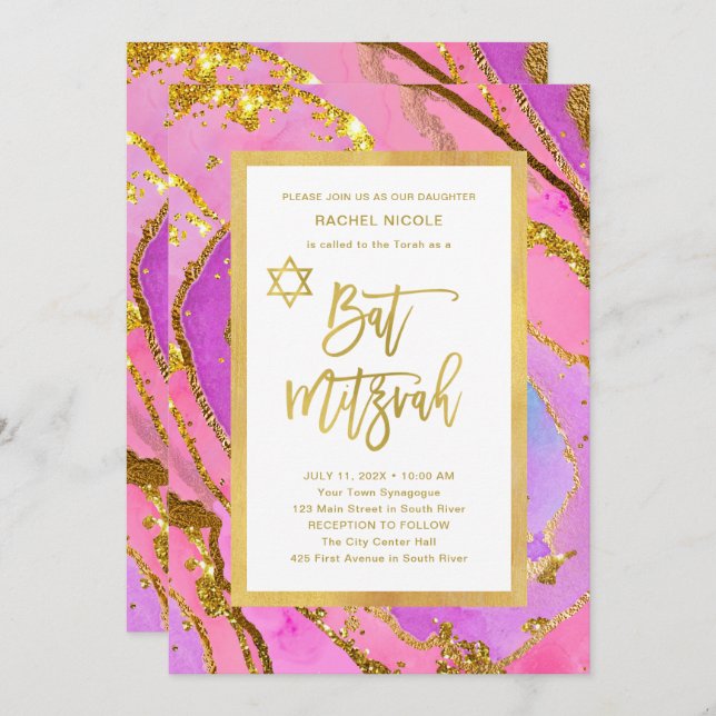 Invitation Jolie Géode rose et or | Bat mitzvah (Devant / Derrière)