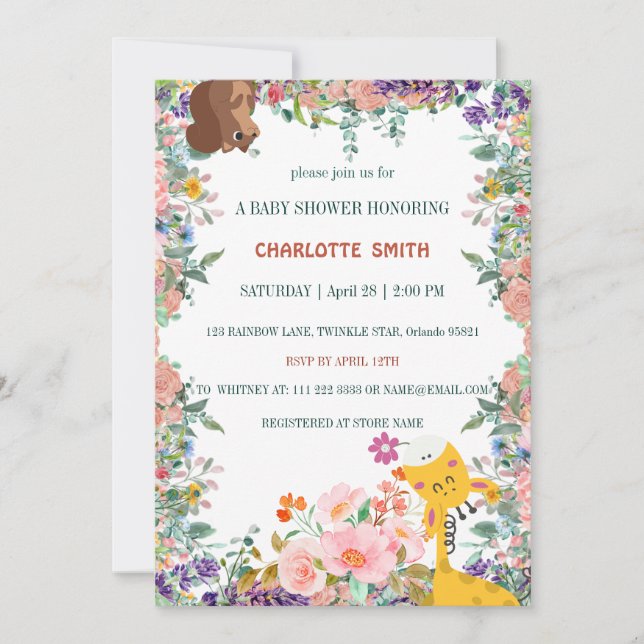 Invitation Jolie girafe fleur dégradé flore shower bébé (Devant)