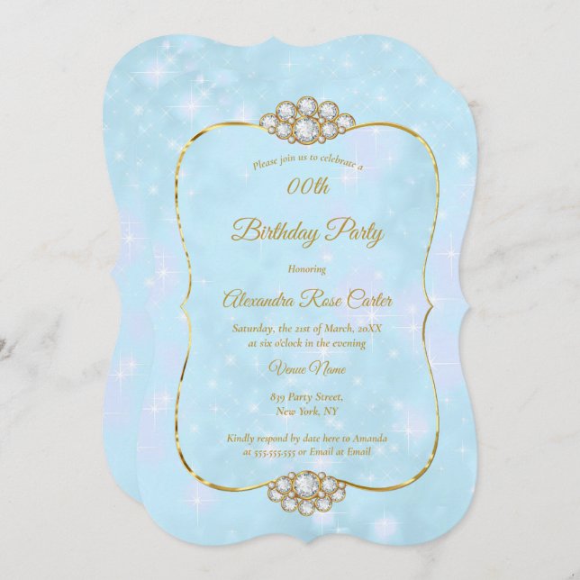 Invitation Jolie Gold Blue Diamond fête d'anniversaire (Devant / Derrière)