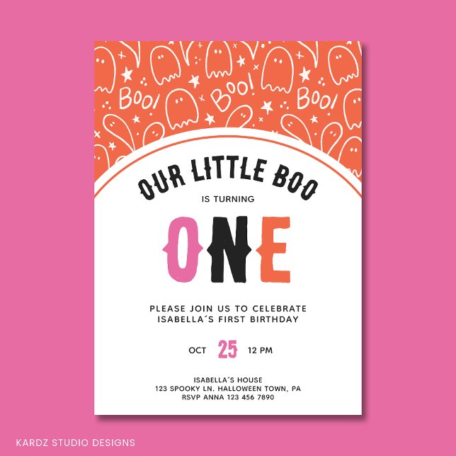 Invitation Jolie Halloween Petite fille Boo Premier anniversa (First Birthday Party Invitation for a Little Boo. In pink orange and black Halloween colors.)