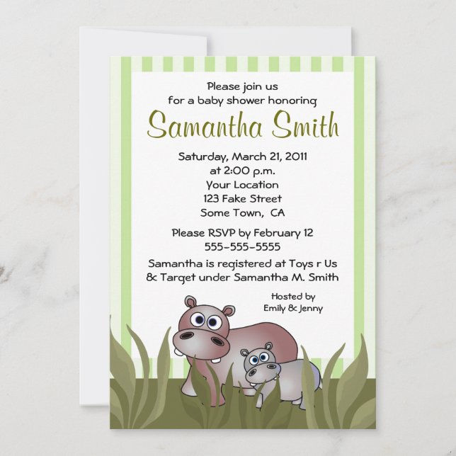 Invitation Jolie hippo, maman et bébé, douches vertes Invitat (Devant)