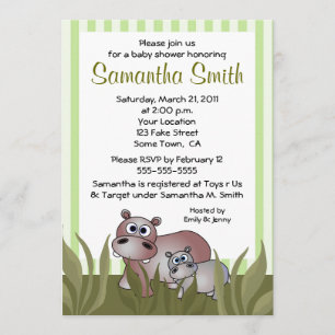 Invitation Jolie hippo, maman et bébé, douches vertes Invitat