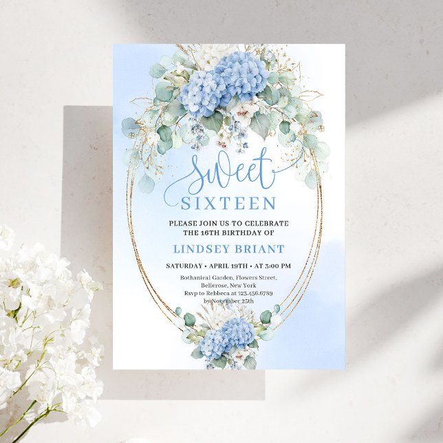 Invitation Jolie Hydrangea Bleu Eucalyptus Sweet Seize  (Pretty Blue Hydrangea Eucalyptus Sweet Sixteen Invitation)