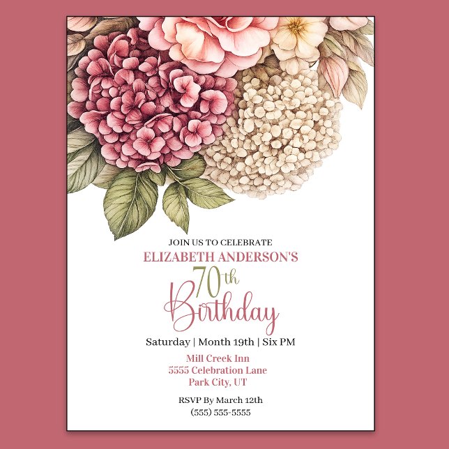 Invitation Jolie Hydrangea Rose 70e Anniversaire (Pretty Hydrangea and Rose 70th Birthday Invitation For Women.)
