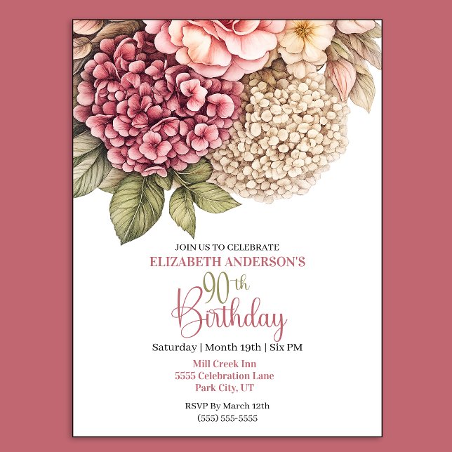 Invitation Jolie Hydrangea Rose 90e Anniversaire (Pretty Hydrangea and Rose 90th Birthday invitation For Women.)