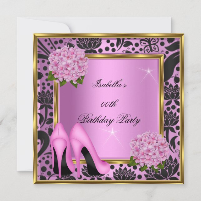 Invitation Jolie Hydrangea Rose Floral Damassé Noir Anniversa (Devant)