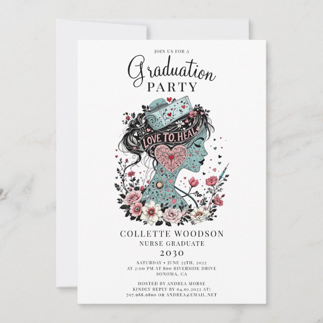 Invitation Jolie infirmière illustrée graduation florale (Devant)