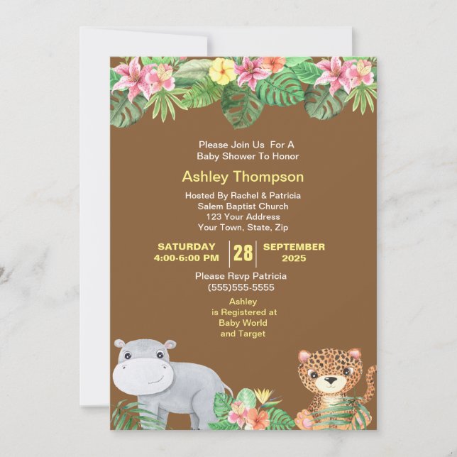 Invitation Jolie Jungle Animaux Baby shower de fleurs tropica (Devant)