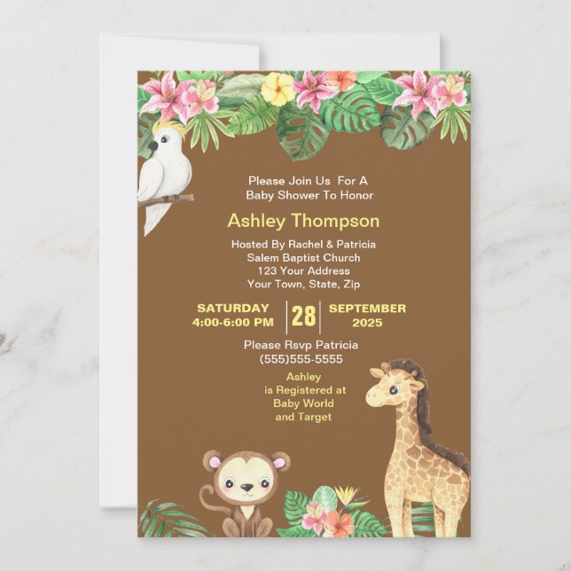 Invitation Jolie Jungle Animaux Baby shower de fleurs tropica (Devant)