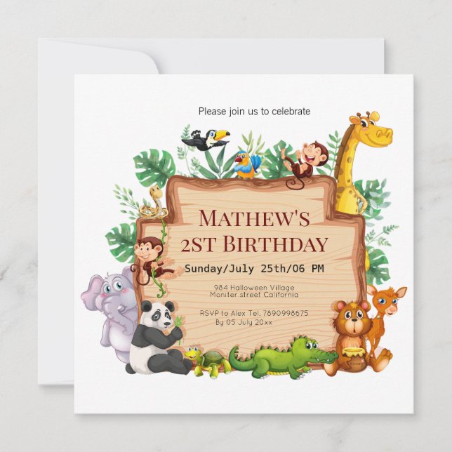 Invitation Jolie jungle et animaux sauvages l Giraffe Anniver (Devant)