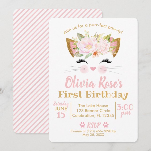 Invitation JOLIE KITTY Fille Chat Anniversaire (Devant / Derrière)