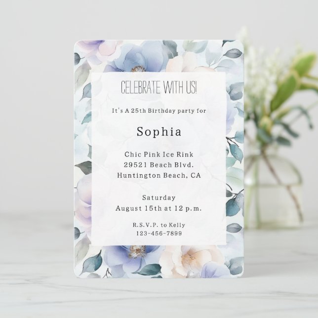 Invitation Jolie Lavande Blanche Fleurs Anniversaire (Debout devant)