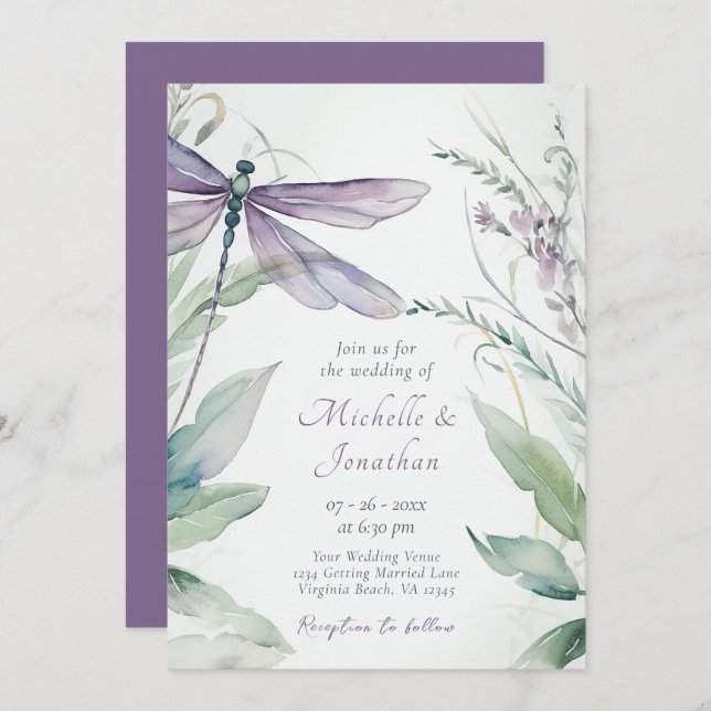 Invitation Jolie libellule d'aquarelle et Mariage de verdure (Devant / Derrière)